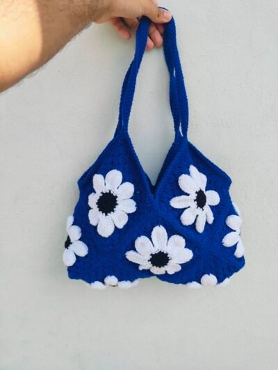 Blue Tote bag with white flower