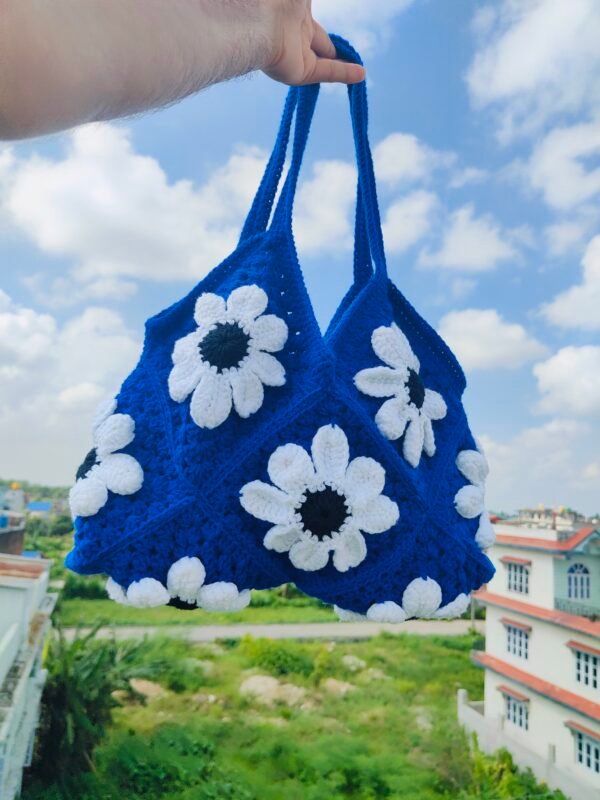 Blue Tote bag with white flower - Image 3