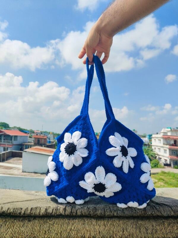 Blue Tote bag with white flower - Image 2